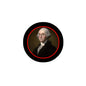 2.25-inch George Washington portrait pinback button, black border with red inner ring