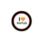 I Love Waffles pinback button, round black rim with 'I ♥ WAFFLES' icon