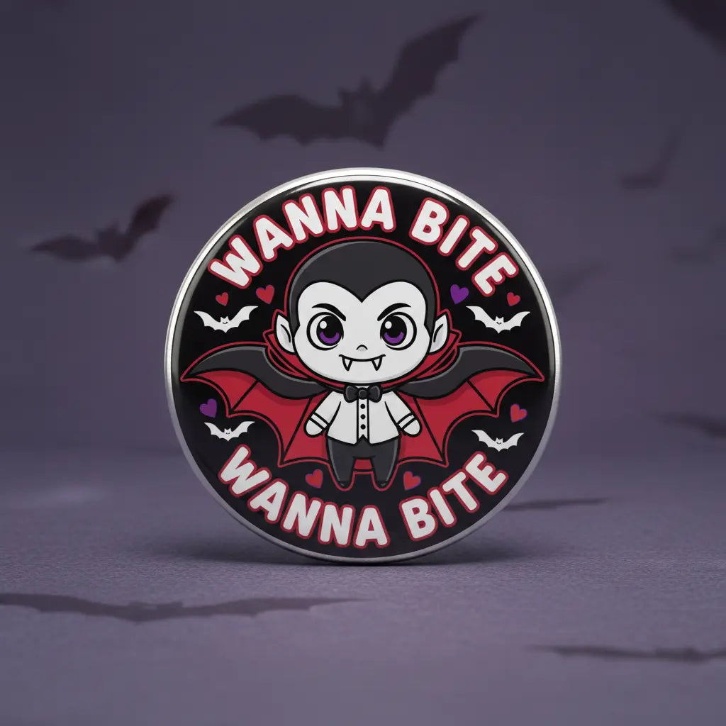 2.25-inch vampire pinback button, circular badge with cartoon bat-winged character and 'Wanna Bite'.