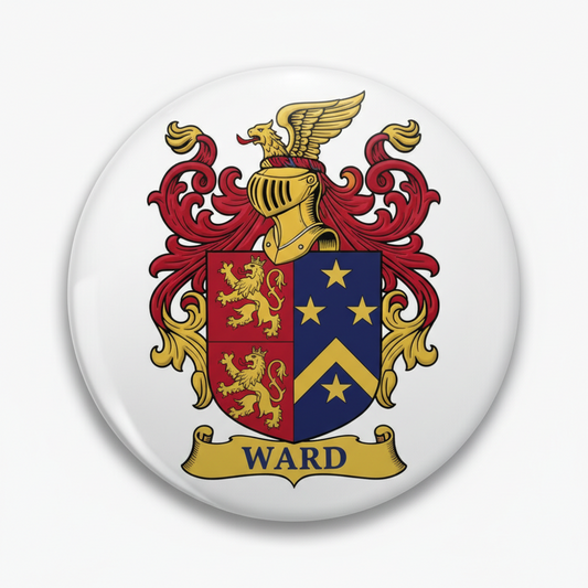 Round Ward coat of arms pinback with blue shield, gold lion and red scrolls, WARD text