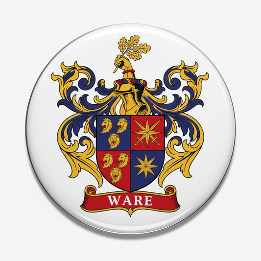 Round Ware coat of arms enamel pinback with blue, gold, and red crest design
