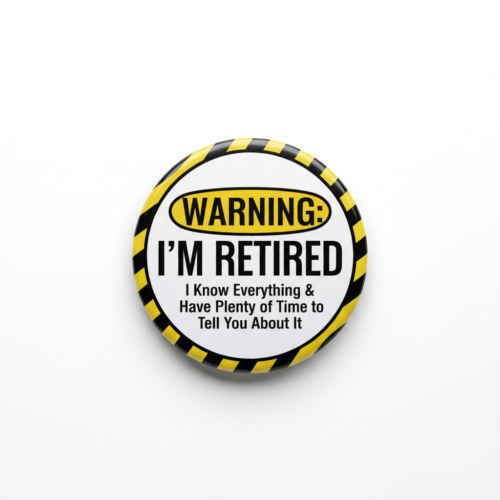 A round pin-back button badge with a black and yellow hazard stripe border, featuring the text 'WARNING: I'M RETIRED' and a smaller humorous quote below, shown on a clean white background.