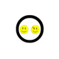 Set of two yellow smiley face pinback badges, 2.25-inch, black outer border