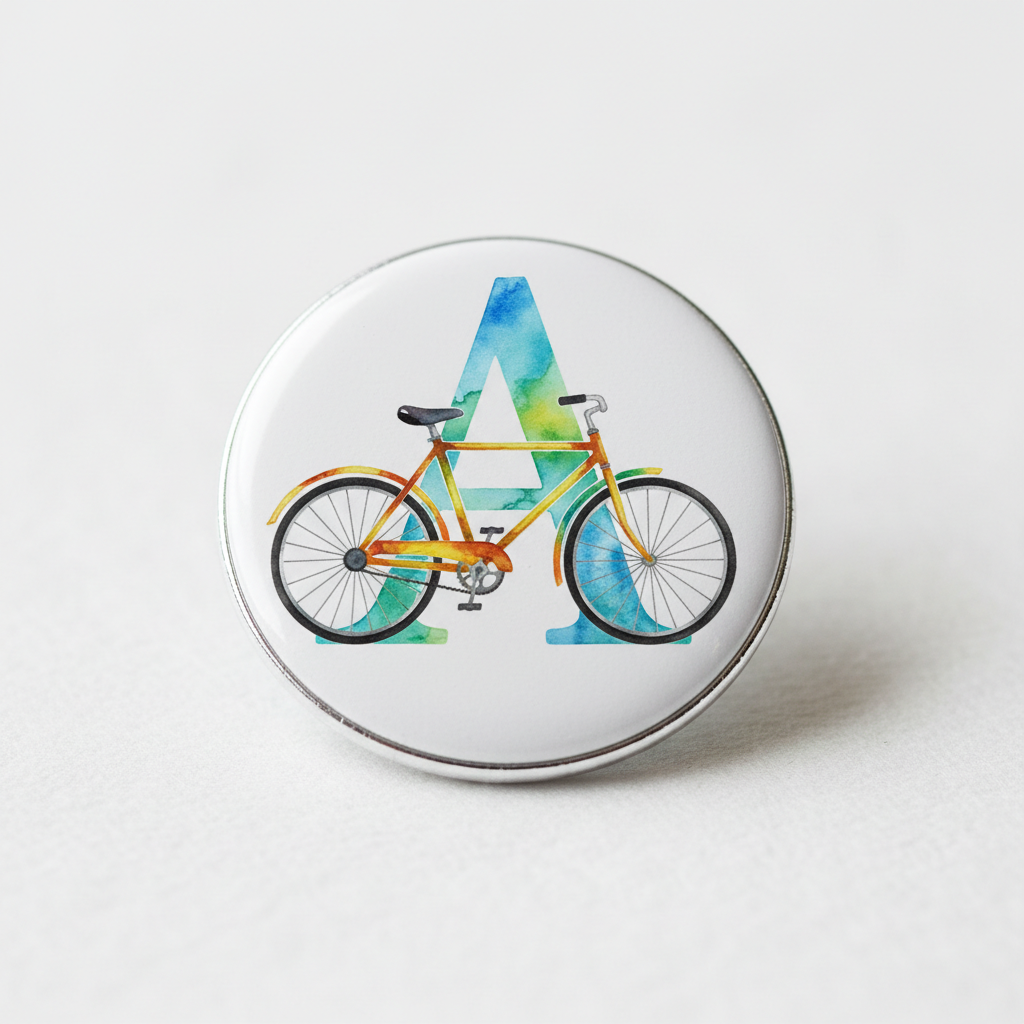 A round pinback button featuring a colorful watercolor-style bicycle graphic over a large letter 'A' on a white background, with a silver metal border.