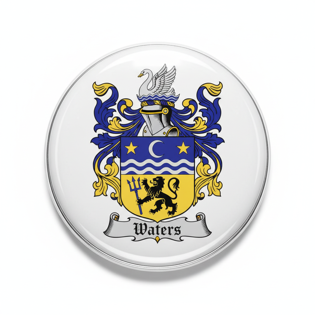 Round silver pinback badge with blue and yellow Waters coat of arms crest