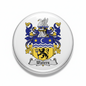 Round silver pinback badge with blue and yellow Waters coat of arms crest