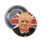 Retro pinback button with Churchill portrait over Union Jack flag, silver rim