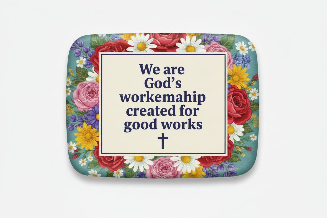A  decorative plaque or sign featuring a colorful floral border with red roses, pink roses, yellow daisies, and blue-purple flowers on a light background. A cream-colored center circle contains the text 'We are God's workemahip created for good works' with a small cross below, on a light gray background.