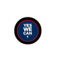 Round black fridge magnet with blue circle and "YES WE CAN" text