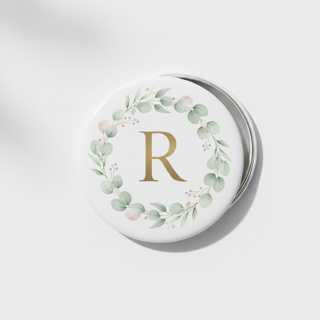 2.25-inch pinback button with gold letter R and green foliage wreath design