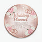 2.25-inch wedding planner pinback button, pink floral design with rings and text