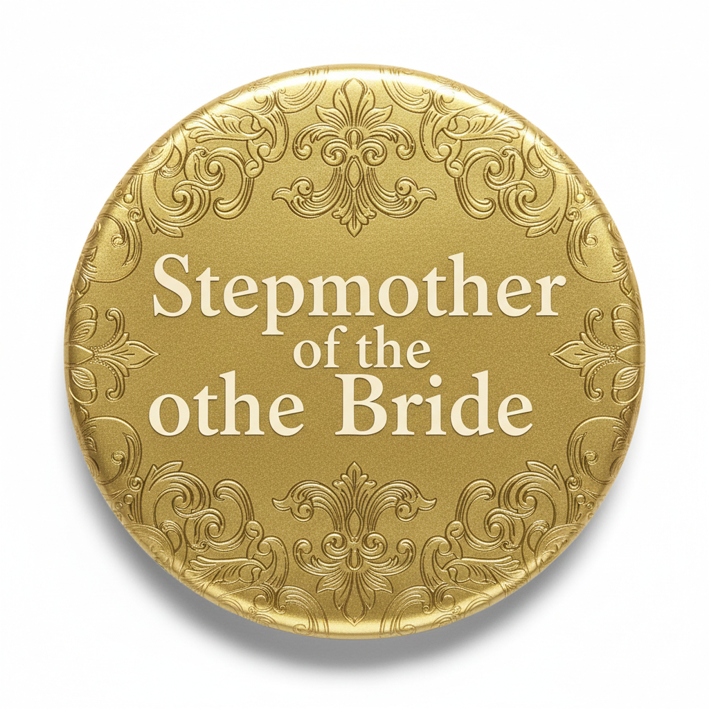 Gold round name pinback with engraved 'Stepmother of the Bride' text