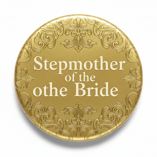 Gold round name pinback with engraved 'Stepmother of the Bride' text