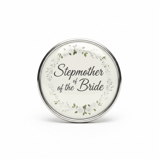 Wedding Stepmother of the Bride Name Tag Silver Pinback 2.25-inch - My Pinbacks