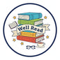 2.25-inch bookish pinback button: stacked books, 'Well Read' ribbon, stars, glasses, cup