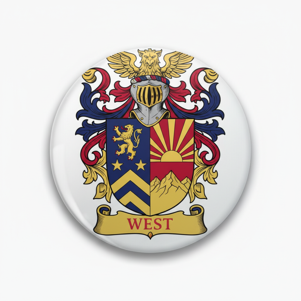 Round WEST family crest pin with colorful coat of arms, gold border, glossy finish