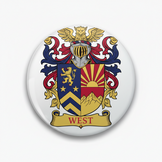 Round WEST family crest pin with colorful coat of arms, gold border, glossy finish