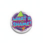 2.25-inch pinback button with purple and green “What a shame!” speech bubble design