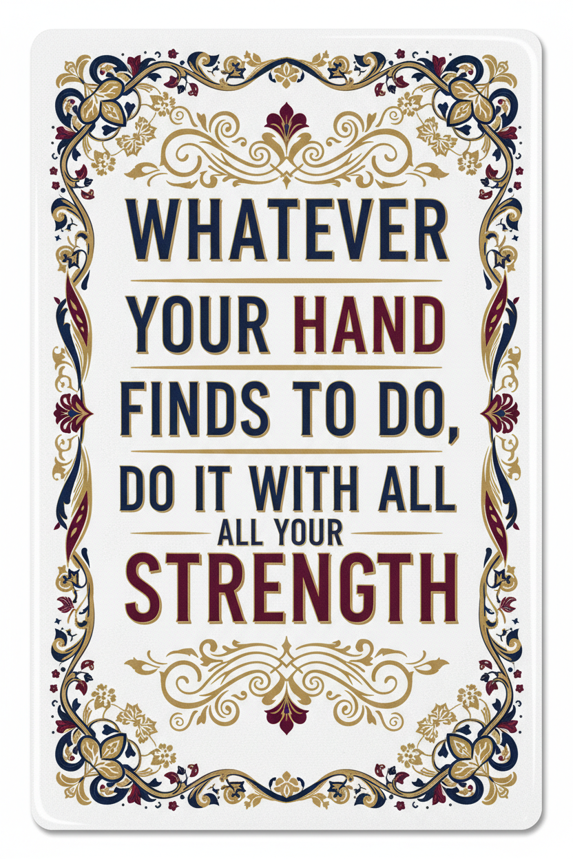 A rectangular decorative sign with a white background and ornate floral border in gold, navy, and burgundy. The center features motivational text reading, 'WHATEVER YOUR HAND FINDS TO DO, DO IT WITH ALL YOUR STRENGTH' in dark navy and burgundy lettering.