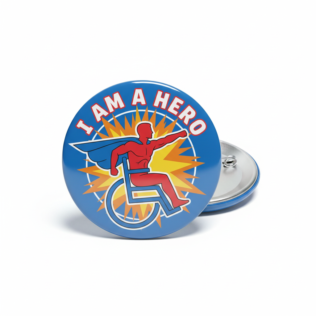 2.25-inch wheelchair hero pinback button, blue round design with 'I AM A HERO' text