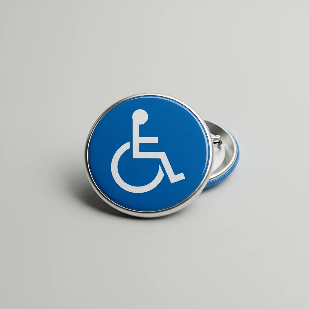 Wheelchair accessibility symbol pinback: blue circle with white wheelchair icon, silver edge.