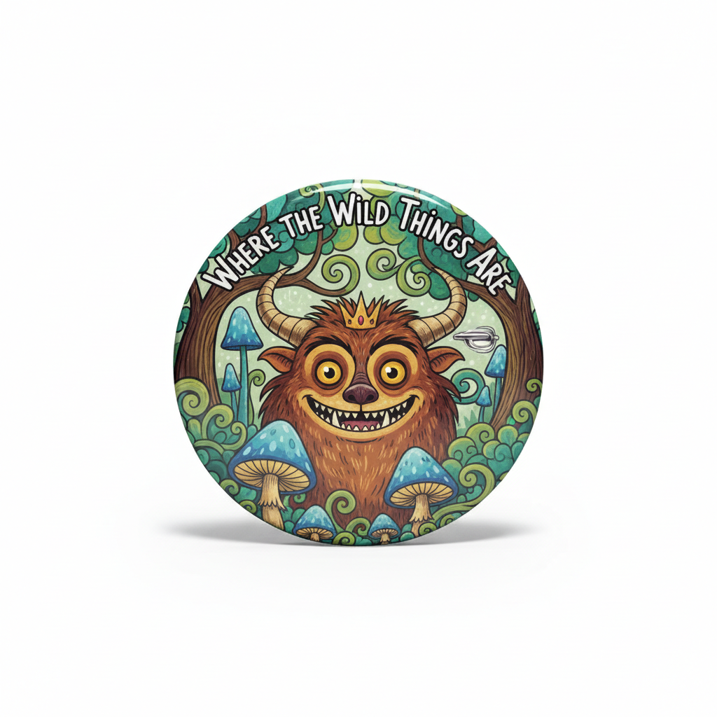 Round pinback button with wild monster face and colorful teal mushroom artwork