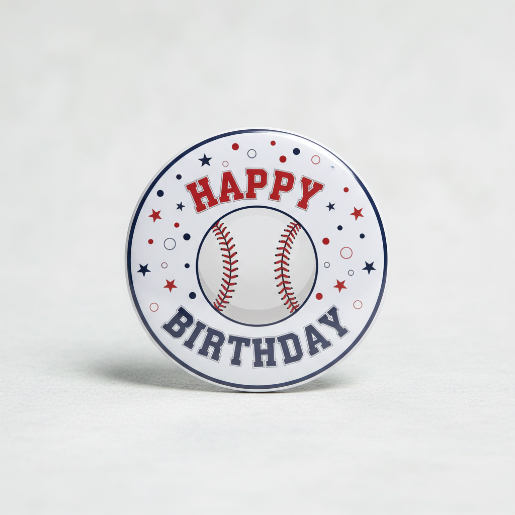 Baseball Happy Birthday pinback button, white with red and blue lettering