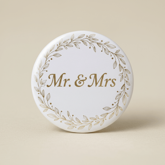 White & Gold Personalized Foliage Wedding Pinback 2.25-inch - My Pinbacks