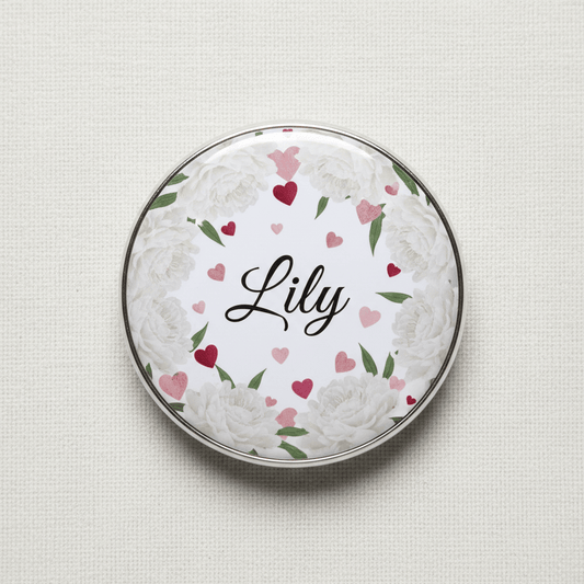 White Peonies and Hearts Flower Girl Name tag Pinback 2.25-inch - My Pinbacks