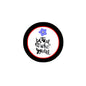 'Be true to who you are' pinback button with black rim, red center, blue flower