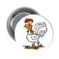 1.25-inch rooster pinback button with cartoon white and red rooster graphic