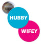 Round pinback button set: turquoise “HUBBY” and pink “WIFEY” text, 1.25-inch