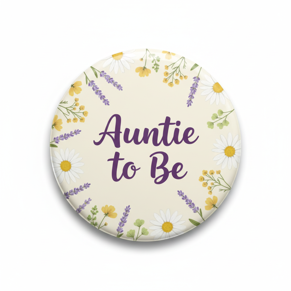 Floral pinback button: 'Auntie to Be' with purple, yellow, green flowers