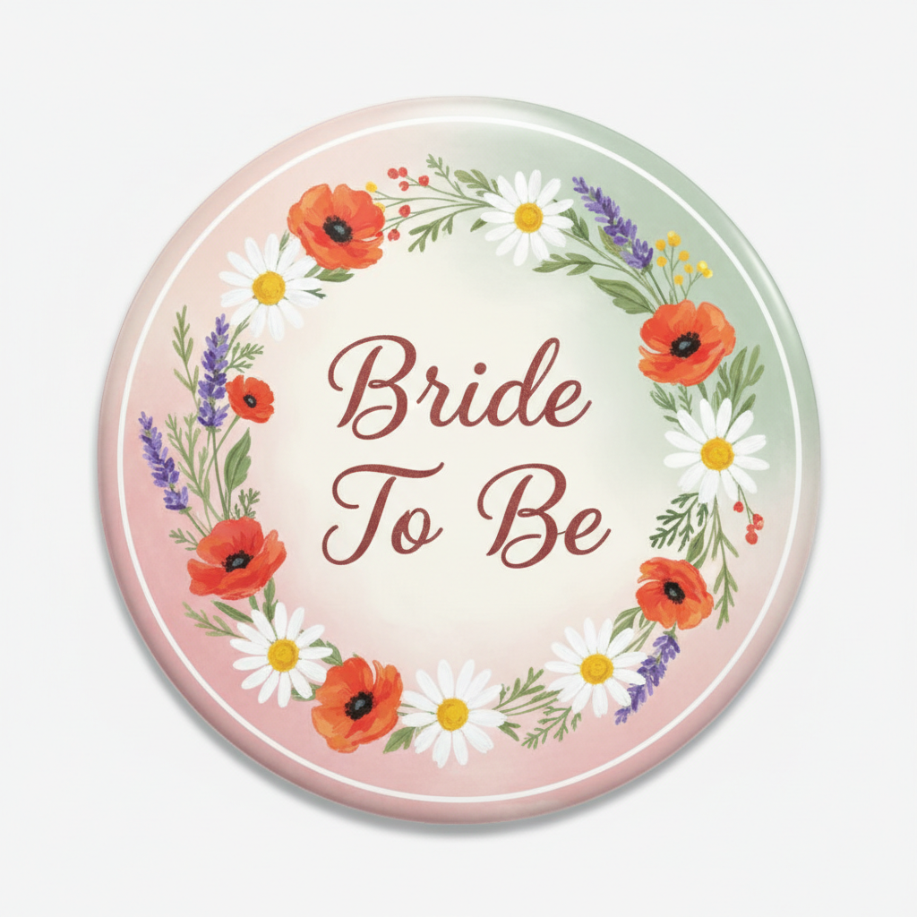 Round bridal shower pinback button with floral wreath and 'Bride To Be' text