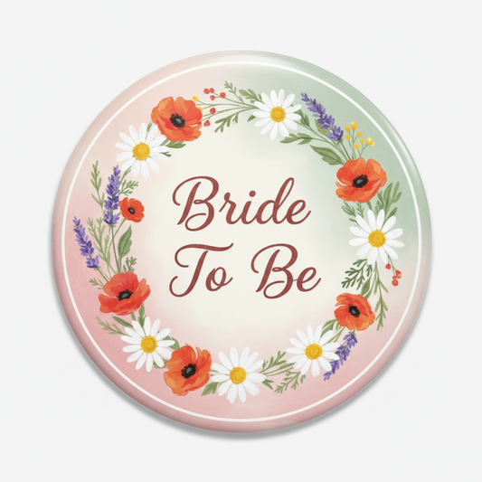 Round bridal shower pinback button with floral wreath and 'Bride To Be' text
