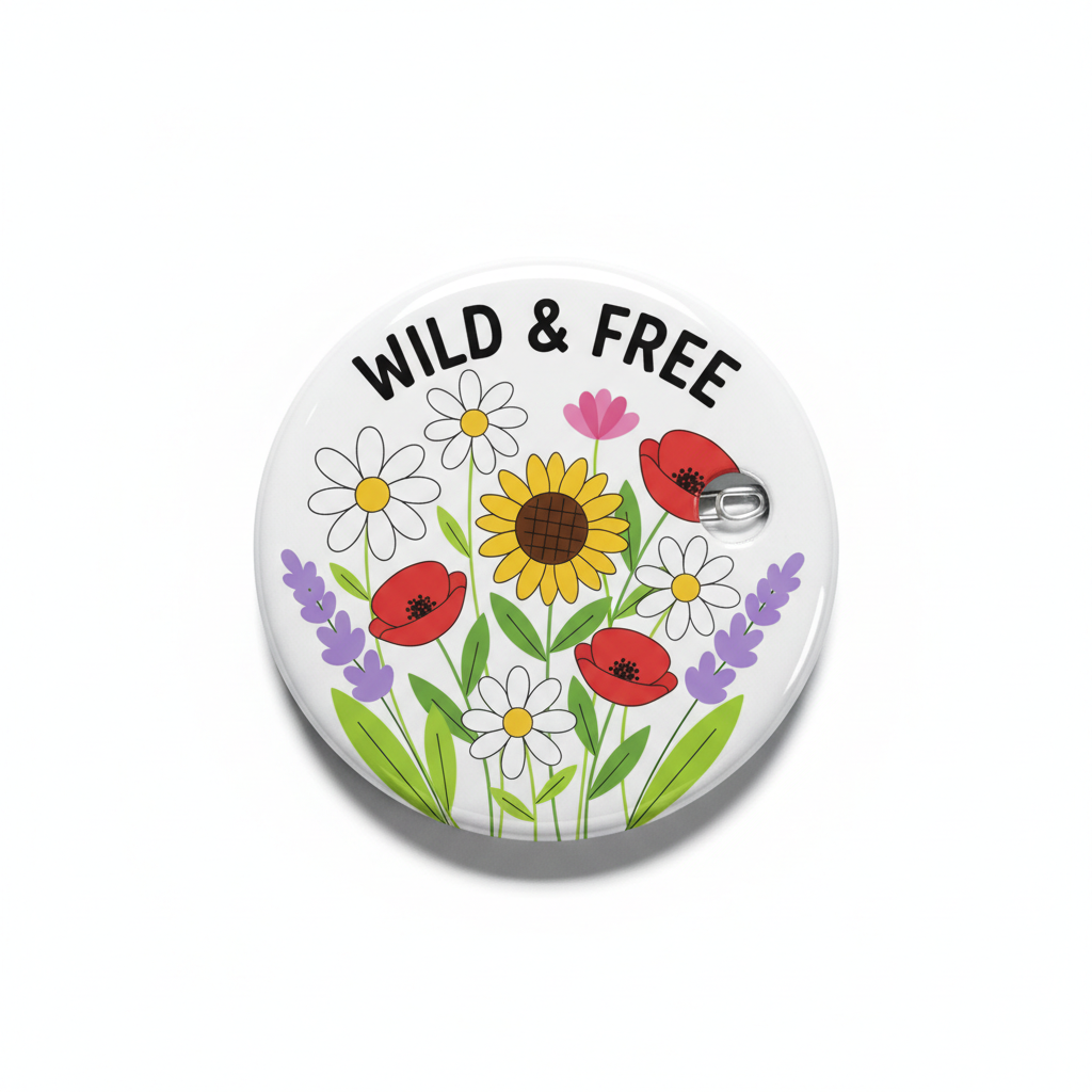 Wildflower pinback button with "WILD & FREE" text and colorful flower and ladybug design
