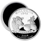 Wisconsin state quarter coin image magnet, silver circle with cow, corn, 2004 text