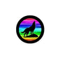 Round wolf art pinback button with colorful sunset landscape and black border, 2.25 inch