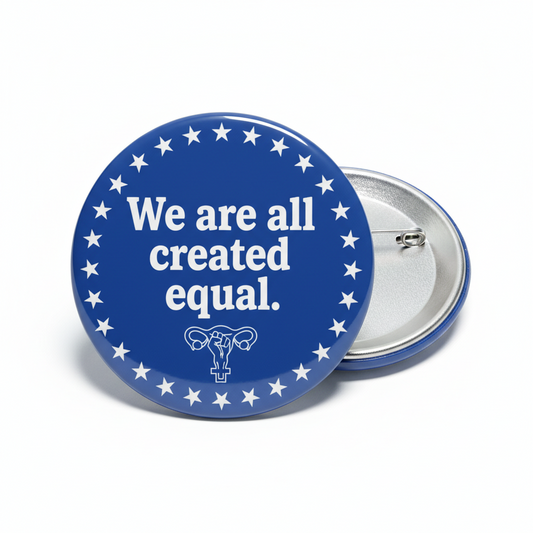 Round blue enamel pinback button with star border, 'We are all created equal' text