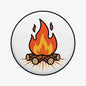 Wood fire pinback button with orange flames and stacked log graphic, circular