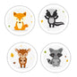 Round woodland animal pinback buttons: fox, panda, deer, raccoon (1.25 in)