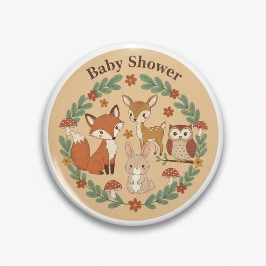 Woodland animal baby shower pinback button with mushrooms and “Baby Shower” text
