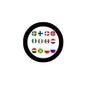 Flags pinback button with multiple country flag designs in a circular black frame