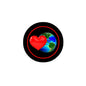 2.25-inch round pinback button, black with red heart and Earth globe graphic