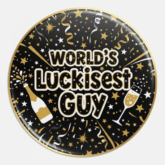 Round pinback button with gold 'World's Luckiest Guy' text and confetti stars design