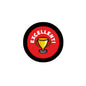 2.25-inch round pinback badge with black rim, red center, EXCELLENT trophy text