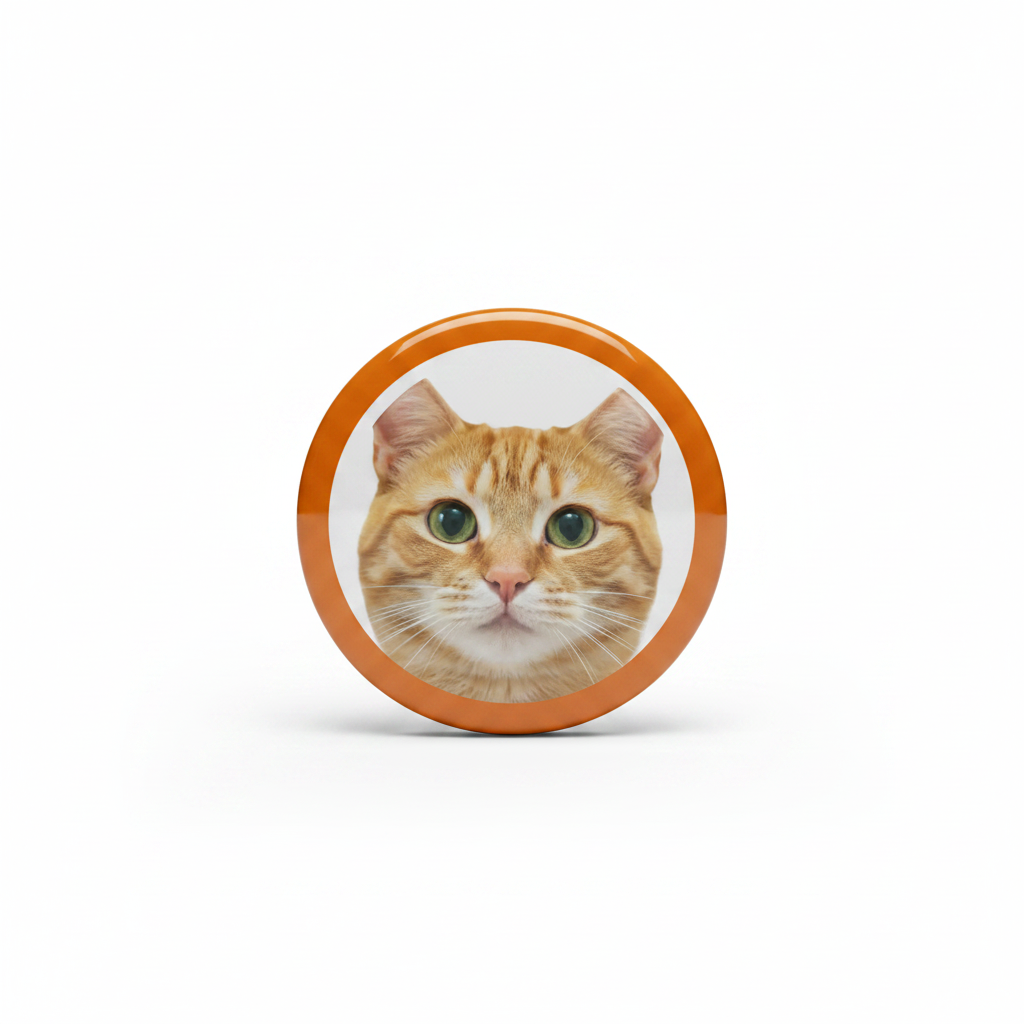 A round Pin Button badge featuring a cute cartoon yellow kitten face with green eyes, pink ears, and black outlines, shown on a light gray background.