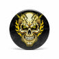 2.25-inch yellow rock skull pinback button with black backing and flame graphic