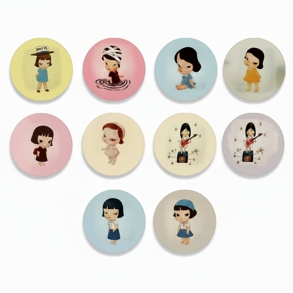 1.25-inch circular pinback buttons set with assorted girl portrait designs on buttons