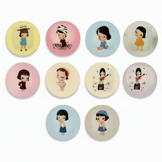 Set of circular illustrations of cartoon characters on a white background